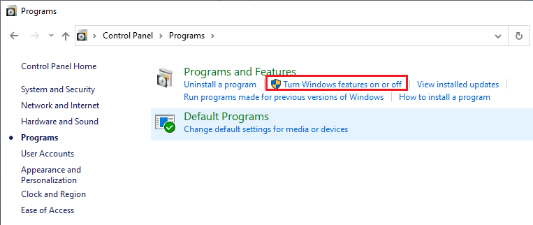 Turn windows features on or off не работает