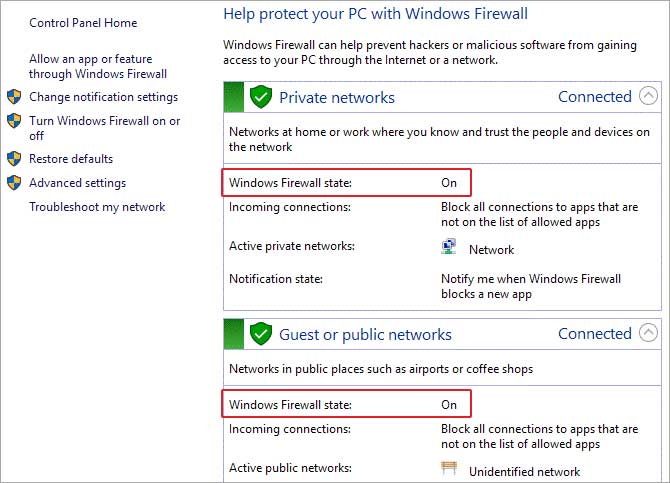 Select Turn on Windows Firewall under both the Private and Public network settings.