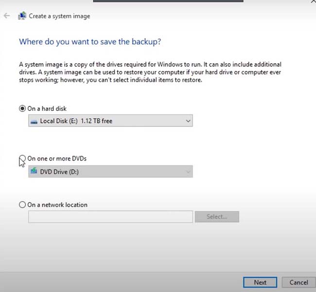 Choose “On A Hard Drive”, then select your external drive, and click “Next