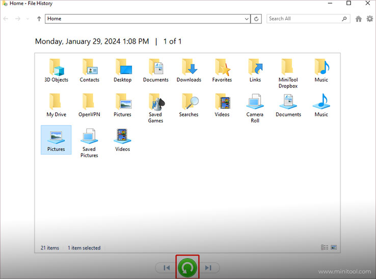 Browse the backed-up folders and files