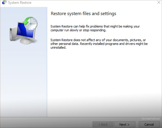 In the System Restore window select Next