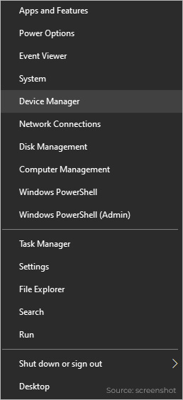 Right-click on the Start menu and select Device Manager