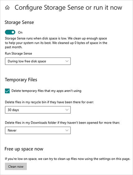 Click Configure Storage Sense