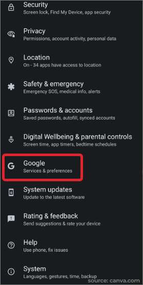 Go to Settings and scroll down to Google