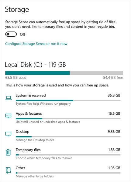 top is a toggle for Storage Sense